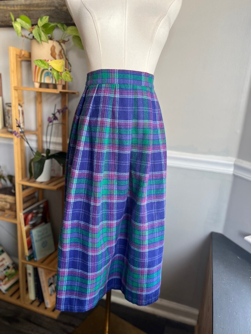 Vintage 90s Plaid Pleated Skirt Purple Green Knee Length Size 2X